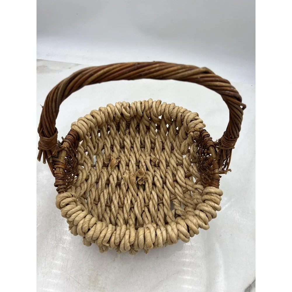Rustic Woven Wicker and Rope Basket with Handle Natural Fiber Farmhouse Decor